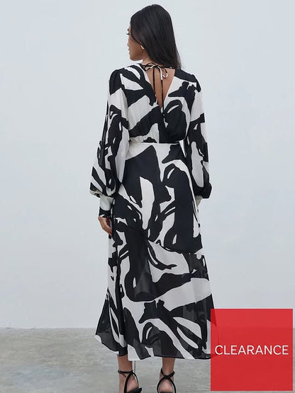 Black & White Lilianna Balloon Sleeve Printed Dress