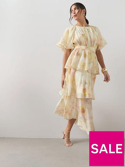 Short Sleeve Waist Detail Tiered Midi Dress-Print