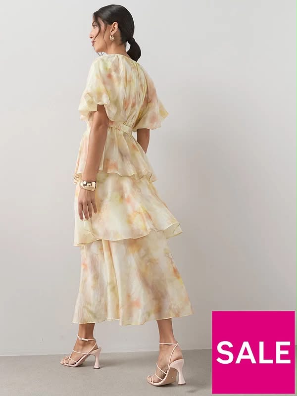 Short Sleeve Waist Detail Tiered Midi Dress-Print