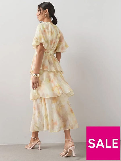 Short Sleeve Waist Detail Tiered Midi Dress-Print