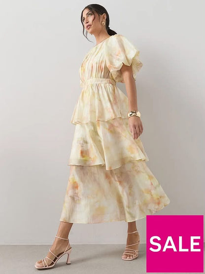 Short Sleeve Waist Detail Tiered Midi Dress-Print