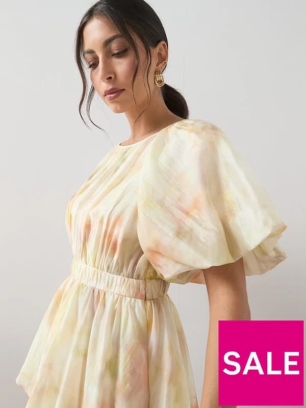 Short Sleeve Waist Detail Tiered Midi Dress-Print