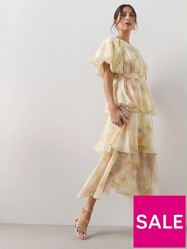 Short Sleeve Waist Detail Tiered Midi Dress-Print