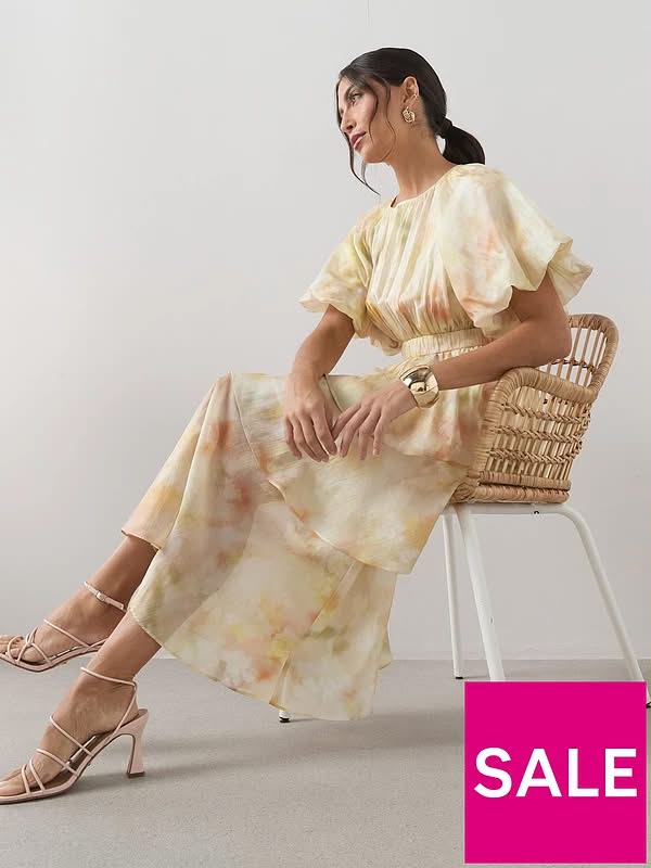 Short Sleeve Waist Detail Tiered Midi Dress-Print
