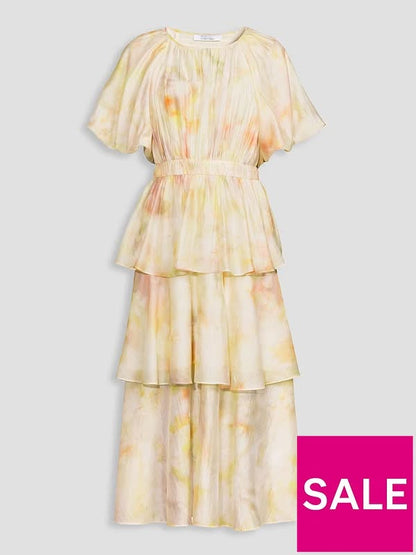 Short Sleeve Waist Detail Tiered Midi Dress-Print