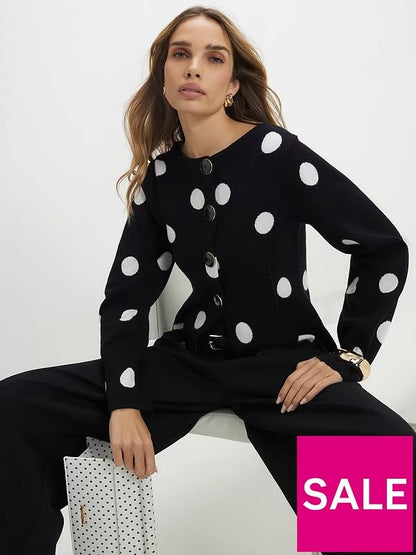 Structured Polka Button Cardigan Black