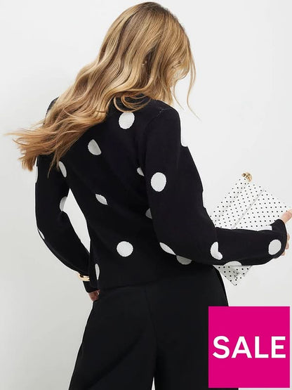 Structured Polka Button Cardigan Black