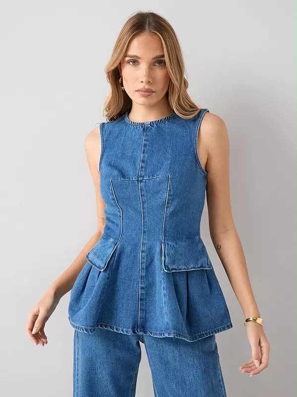Denim Peplum Co-ord Top Mid Wash