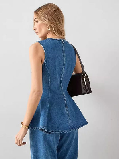 Denim Peplum Co-ord Top Mid Wash