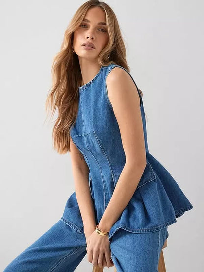 Denim Peplum Co-ord Top Mid Wash