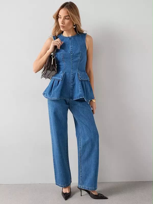 Denim Peplum Co-ord Top Mid Wash