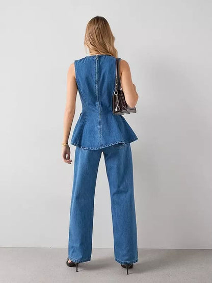Denim Peplum Co-ord Top Mid Wash
