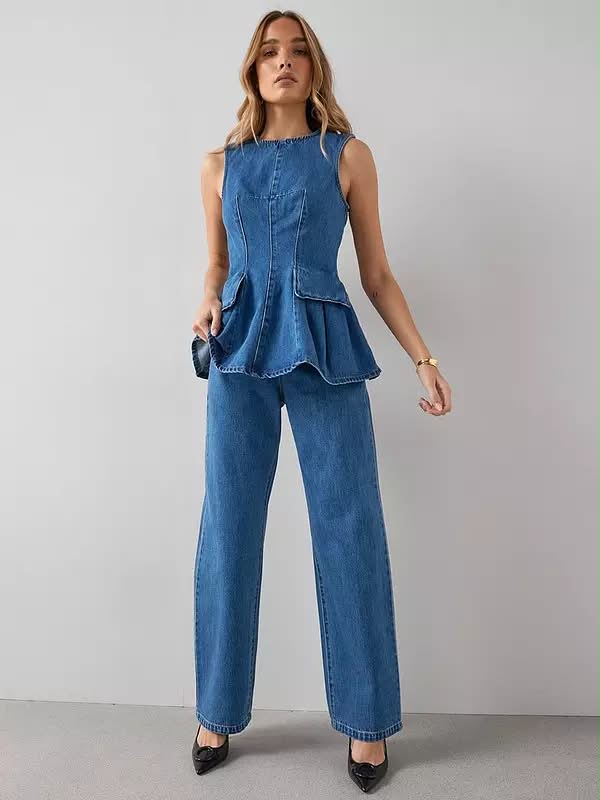 Denim Peplum Co-ord Top Mid Wash