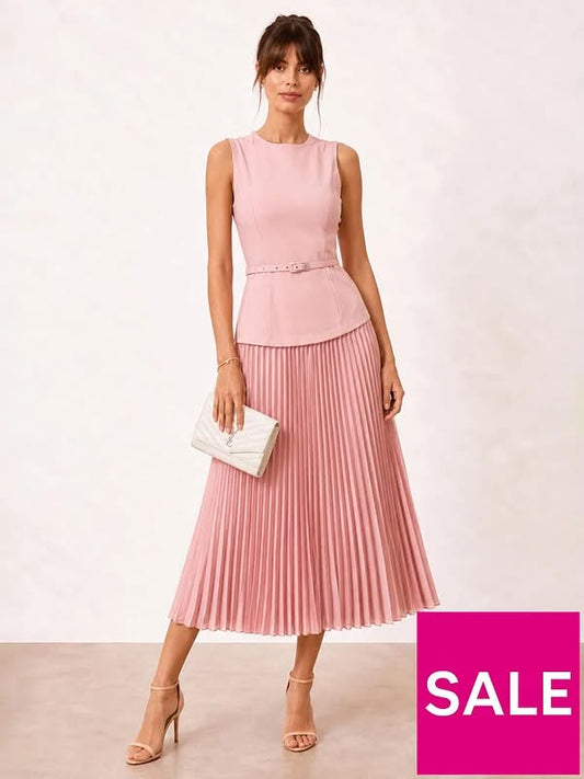 Belted Pleated Dress Pink