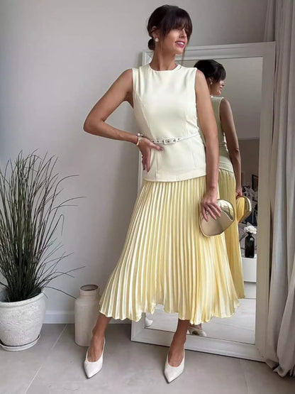Belted Pleated Dress-Yellow