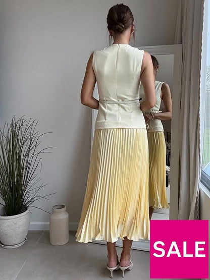 Belted Pleated Dress-Yellow