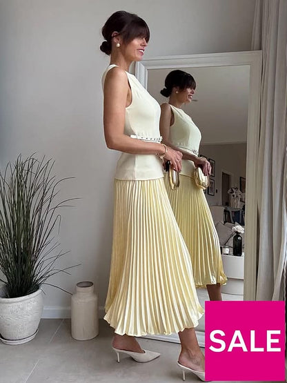 Belted Pleated Dress-Yellow