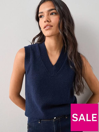 V- Neck Knitted Tank - Navy Blue