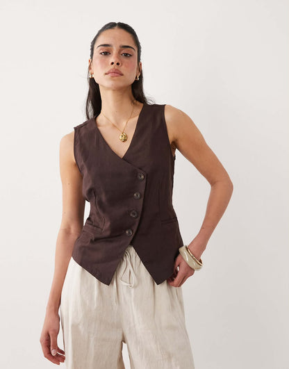 Linen Blend Asymmetric Waistcoat In Brown