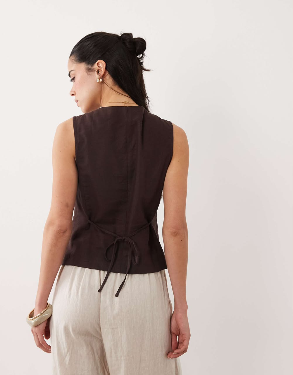 Linen Blend Asymmetric Waistcoat In Brown