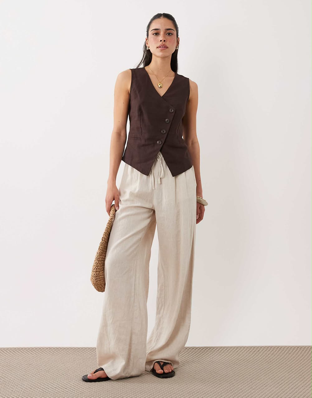 Linen Blend Asymmetric Waistcoat In Brown