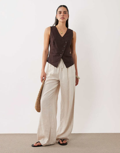 Linen Blend Asymmetric Waistcoat In Brown