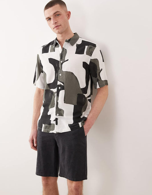 Linen Blend Short Sleeve Shirt in Grey