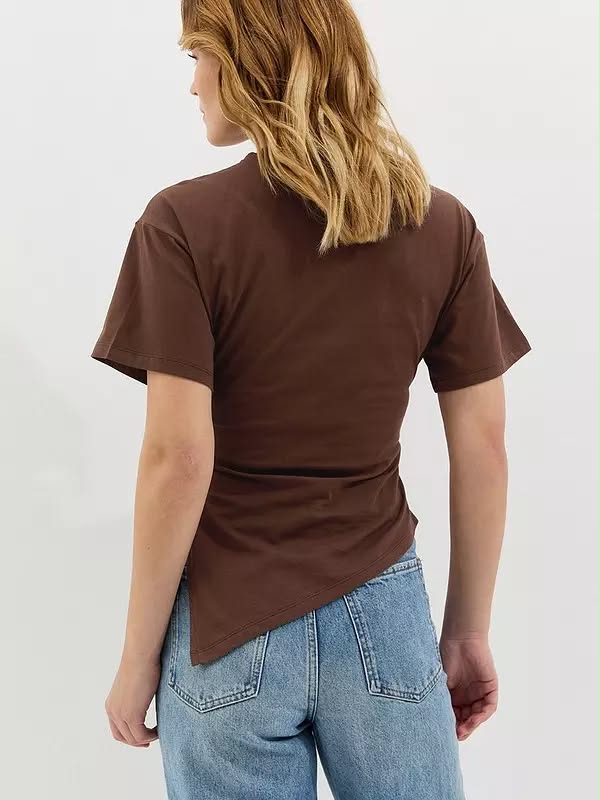 Asymmetric Split Hem Corset T-Shirt Dark Brown