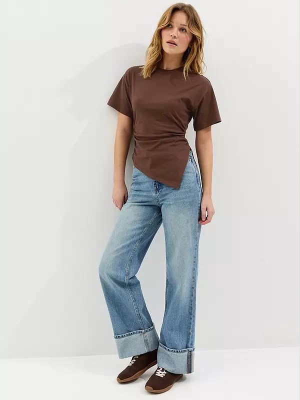 Asymmetric Split Hem Corset T-Shirt Dark Brown