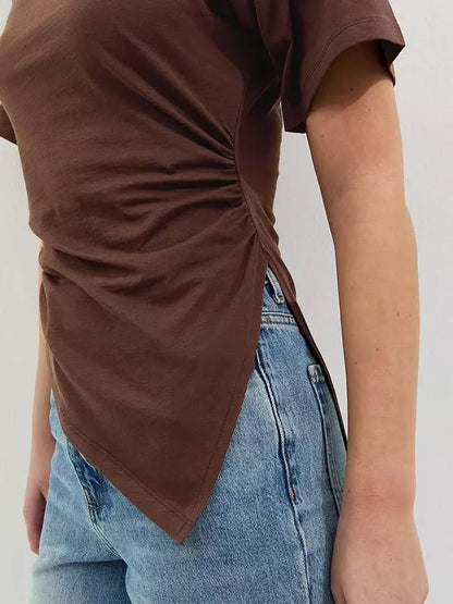 Asymmetric Split Hem Corset T-Shirt Dark Brown