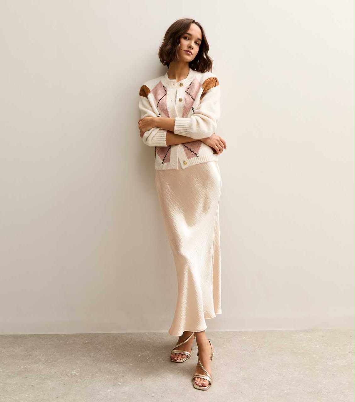 Cream Satin Midi Skirt