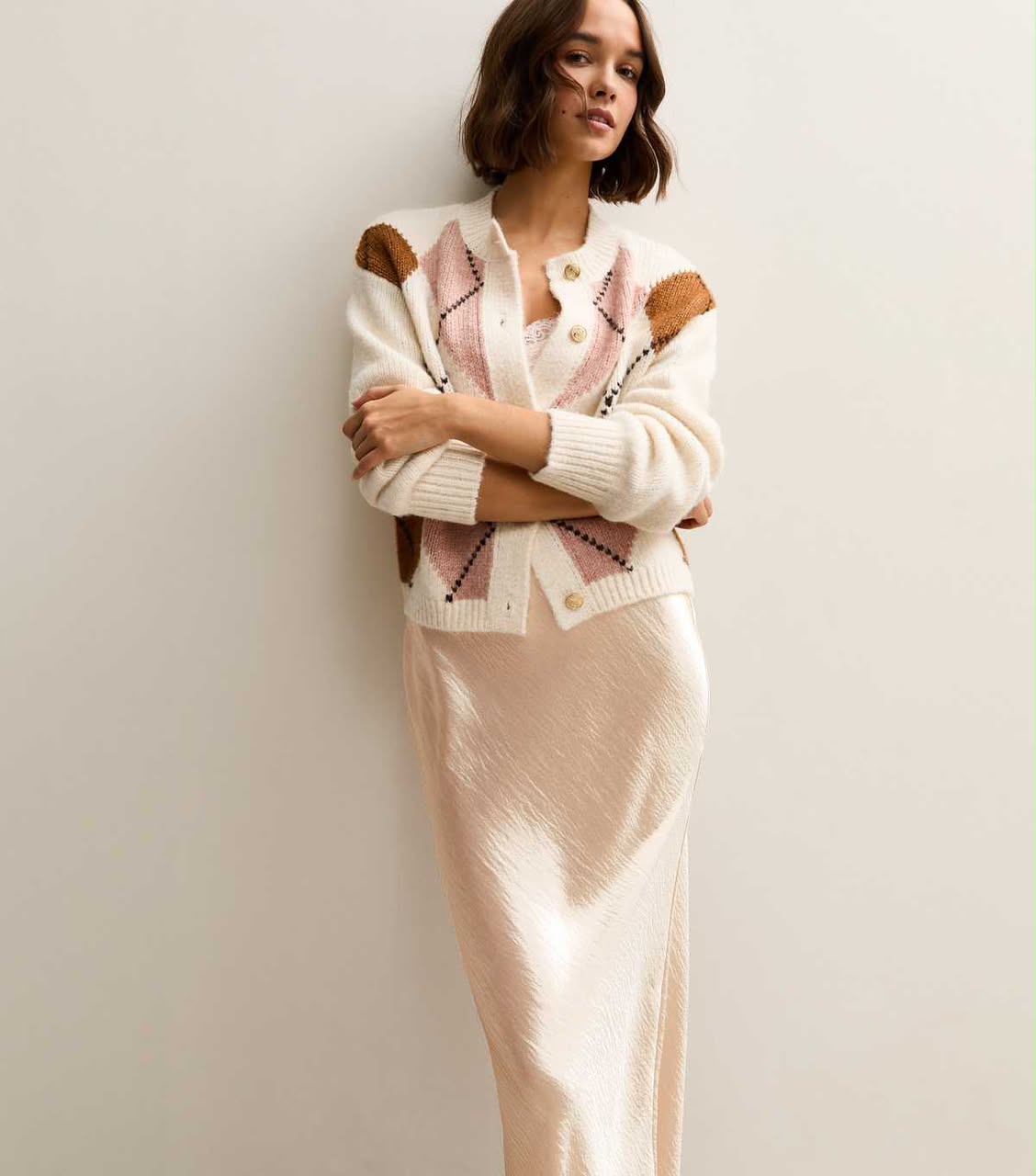 Cream Satin Midi Skirt