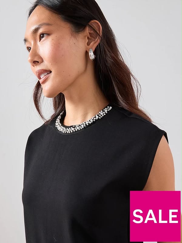 Embellished High Neck Shift Dress Black