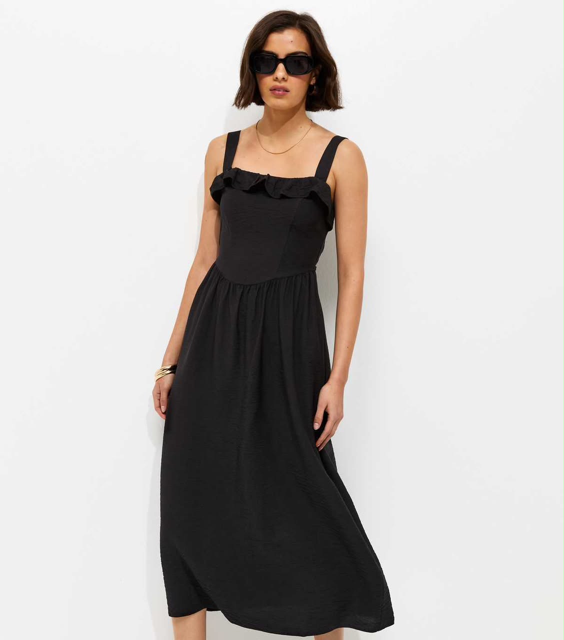 Black Square Neck Frilly Trim Midi Dress