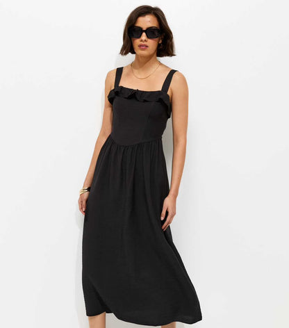 Black Square Neck Frilly Trim Midi Dress