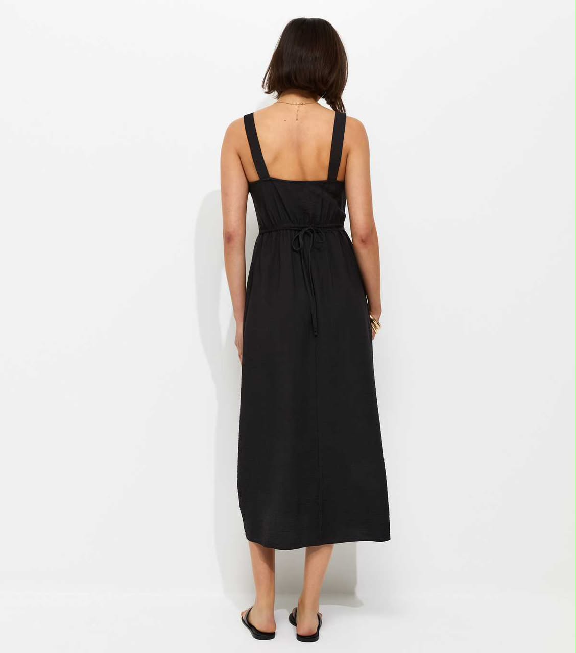 Black Square Neck Frilly Trim Midi Dress