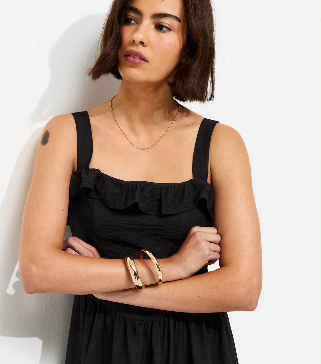 Black Square Neck Frilly Trim Midi Dress