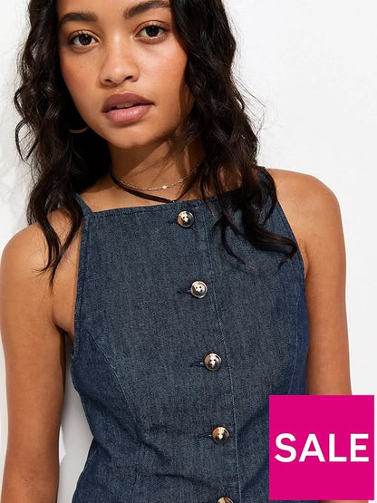 Indigo Wash Square Neck Waistcoat Blue