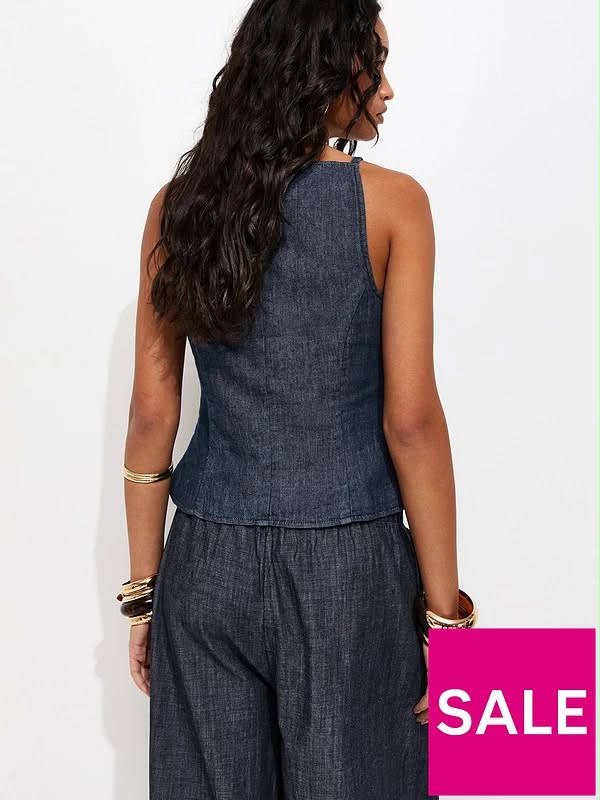 Indigo Wash Square Neck Waistcoat Blue