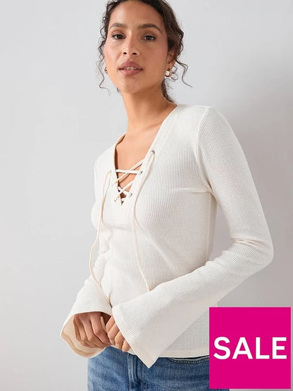 Tie Front Long Sleeve Top White