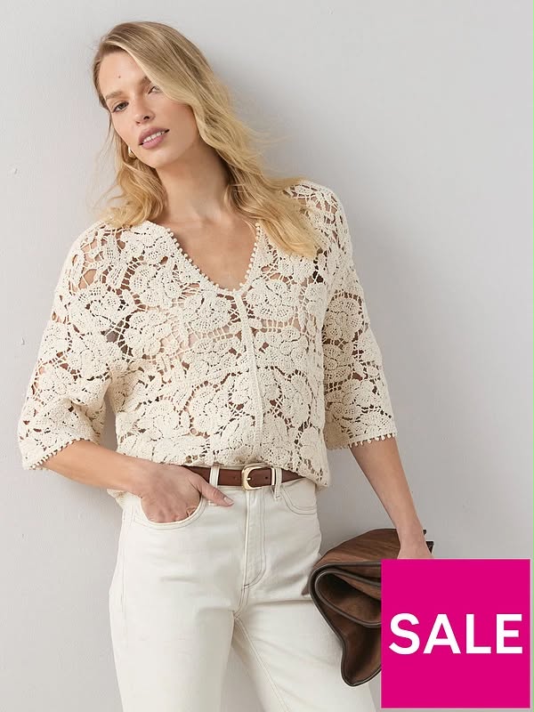 Oversized Crochet V Neck Top-Cream