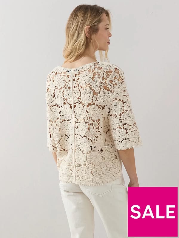 Oversized Crochet V Neck Top-Cream