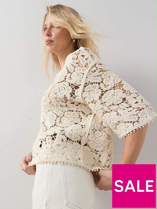 Oversized Crochet V Neck Top-Cream