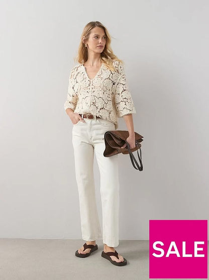 Oversized Crochet V Neck Top-Cream