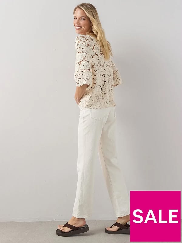 Oversized Crochet V Neck Top-Cream