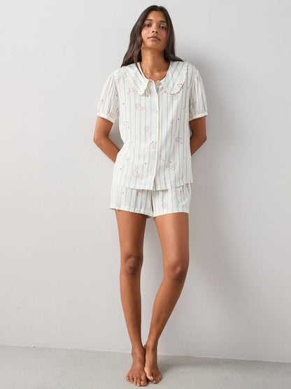Frill Collar Printed Woven Pyjamas Set-White
