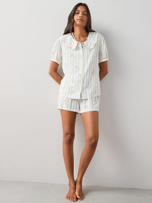 Frill Collar Printed Woven Pyjamas Set-White