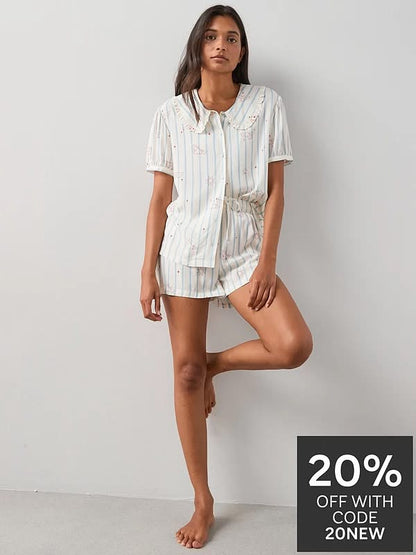 Frill Collar Printed Woven Pyjamas Set-White