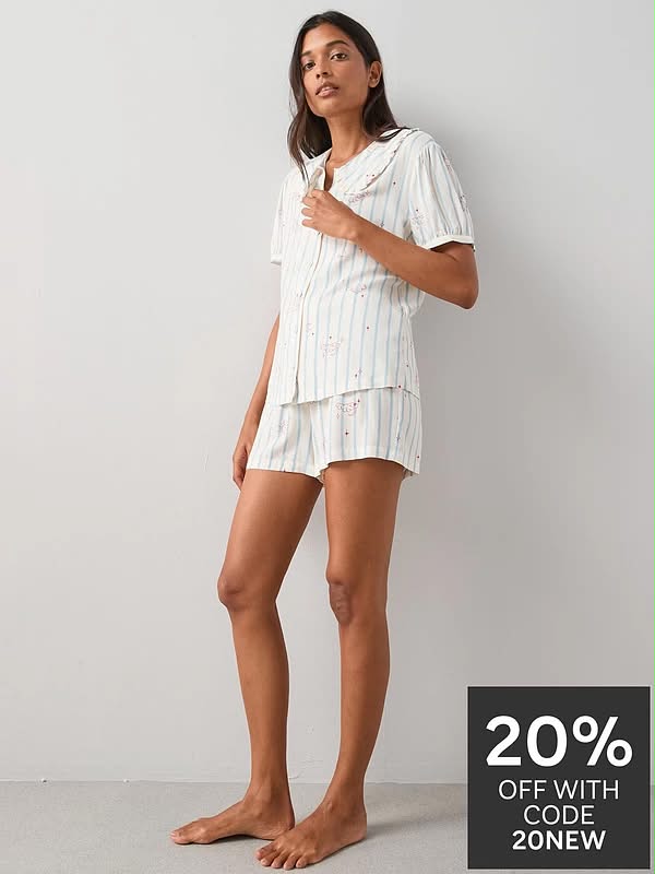 Frill Collar Printed Woven Pyjamas Set-White