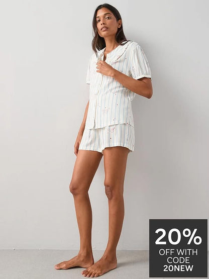Frill Collar Printed Woven Pyjamas Set-White